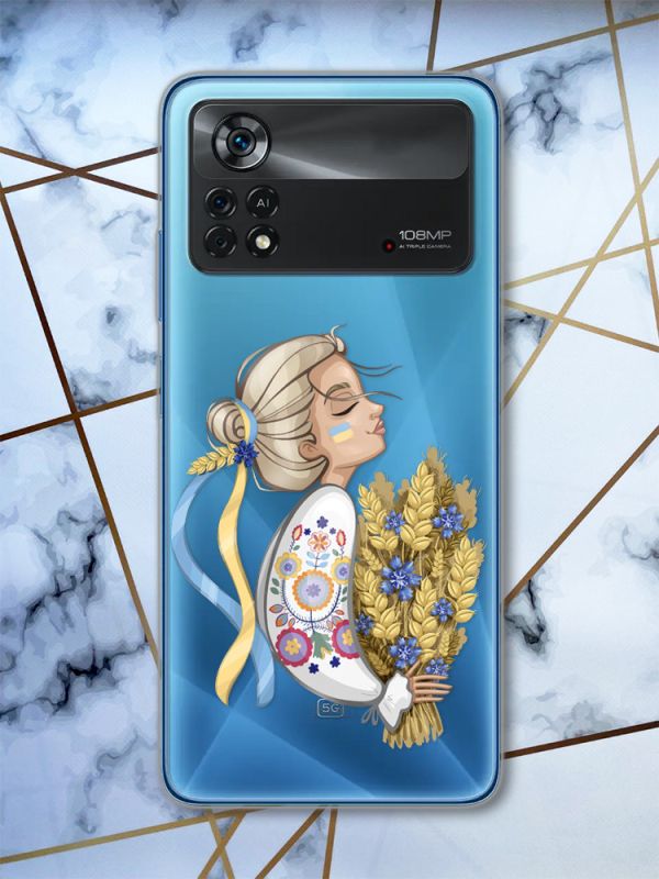 Прозорий чохол на Xiaomi Poco X4 Pro патріотичний дизайн Українка з колосками (принт 173)