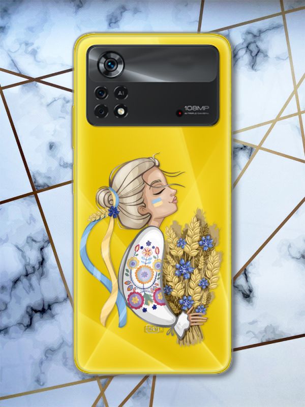 Прозорий чохол на Xiaomi Poco X4 Pro патріотичний дизайн Українка з колосками (принт 173)