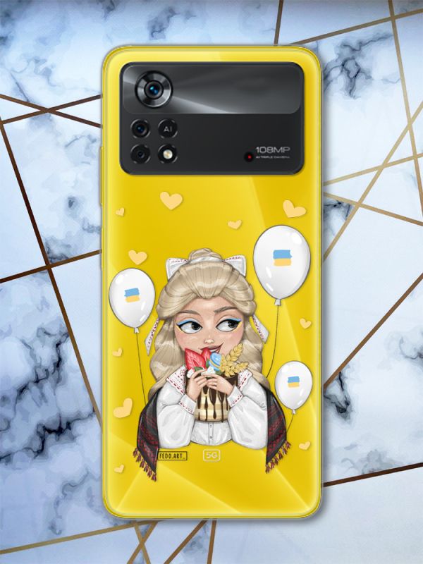 Прозорий чохол на Xiaomi Poco X4 Pro патріотичний дизайн Українка з солодощами (принт 175)