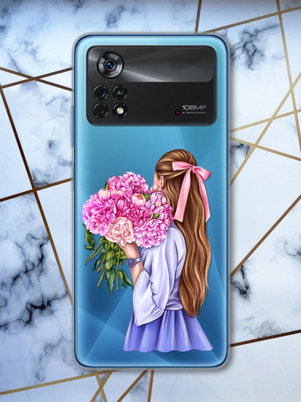 Прозорий чохол на Xiaomi Poco X4 Pro Дівчина з півоніями (принт 11)