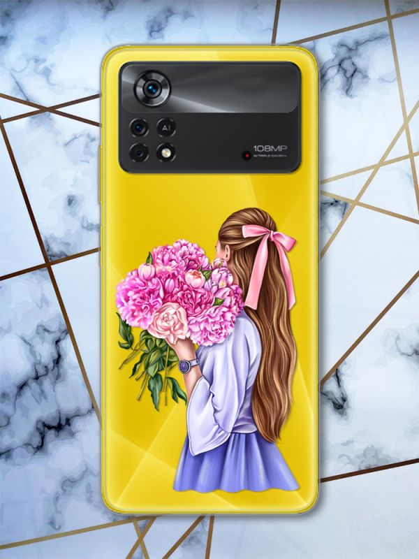 Прозорий чохол на Xiaomi Poco X4 Pro Дівчина з півоніями (принт 11)