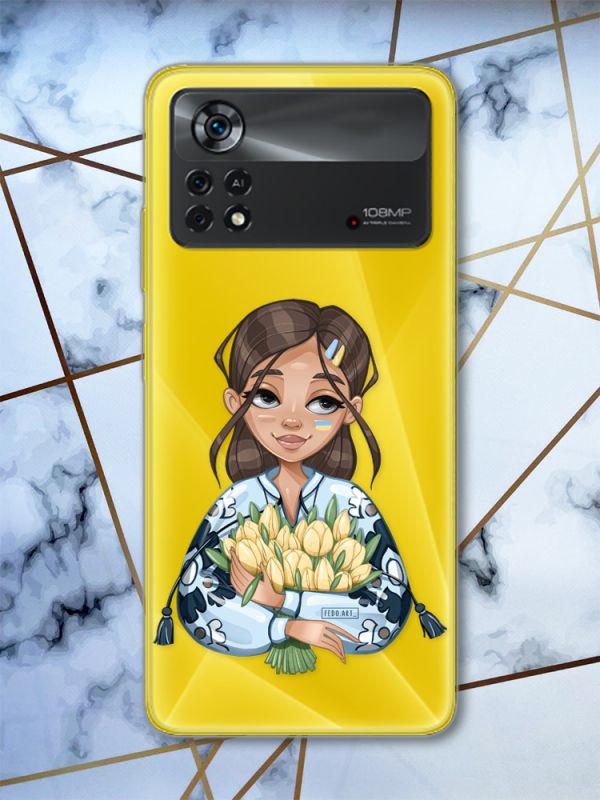 Прозорий чохол на Xiaomi Poco X4 Pro патріотичний дизайн Дівчина з тюльпанами (принт 22)