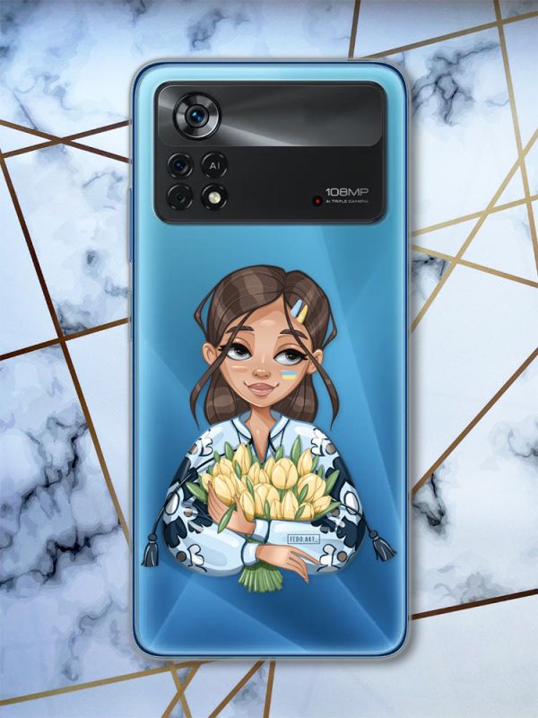 Прозорий чохол на Xiaomi Poco X4 Pro патріотичний дизайн Дівчина з тюльпанами (принт 22)
