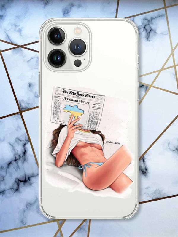 Прозорий чохол із захистом камери на iPhone 14 Pro Max Дівчина з газетою (принт 31)