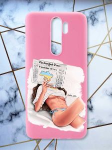 Матовий рожевий чохол на Xiaomi Redmi Note 8 Pro Дівчина з газетою (принт 31)