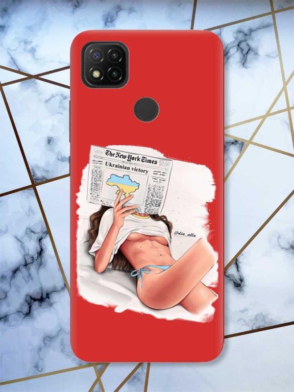 Матовий червоний чохол на Xiaomi Redmi 9C / 10A Дівчина з газетою (принт 31)