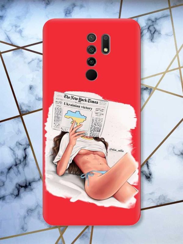 Матовий червоний чохол на Xiaomi Redmi 9 Дівчина з газетою (принт 31)