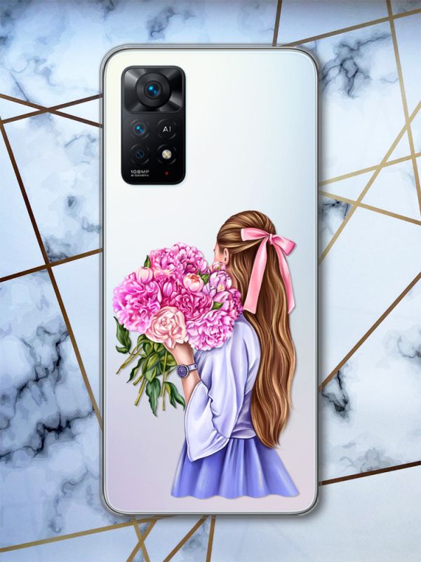 Прозорий чохол на Xiaomi Redmi Note 11 Pro дизайн Дівчина з півоніями (принт 11)