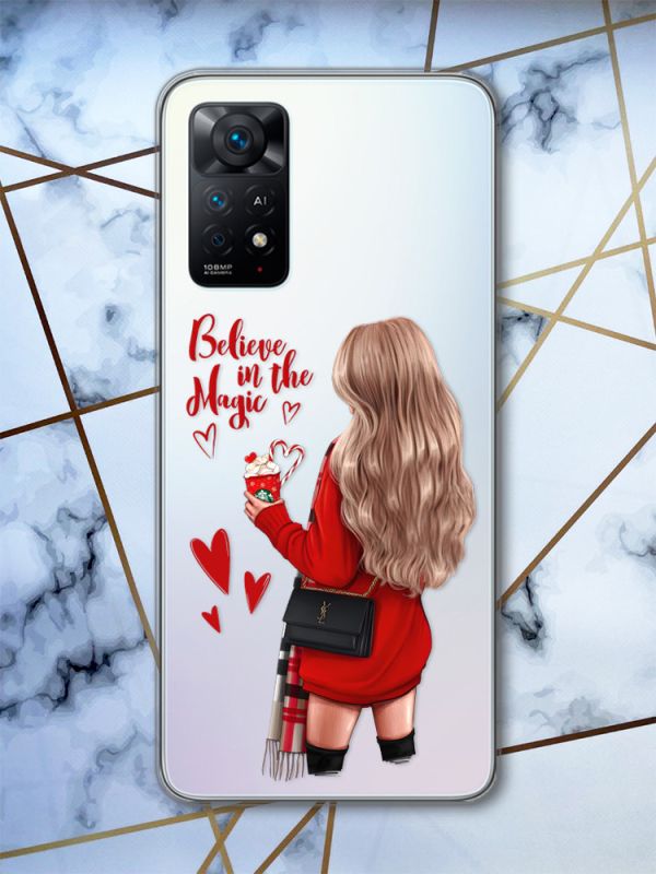 Прозорий чохол на Xiaomi Redmi Note 11 Pro Дівчина з кавою. Вірю у дива (принт 137)