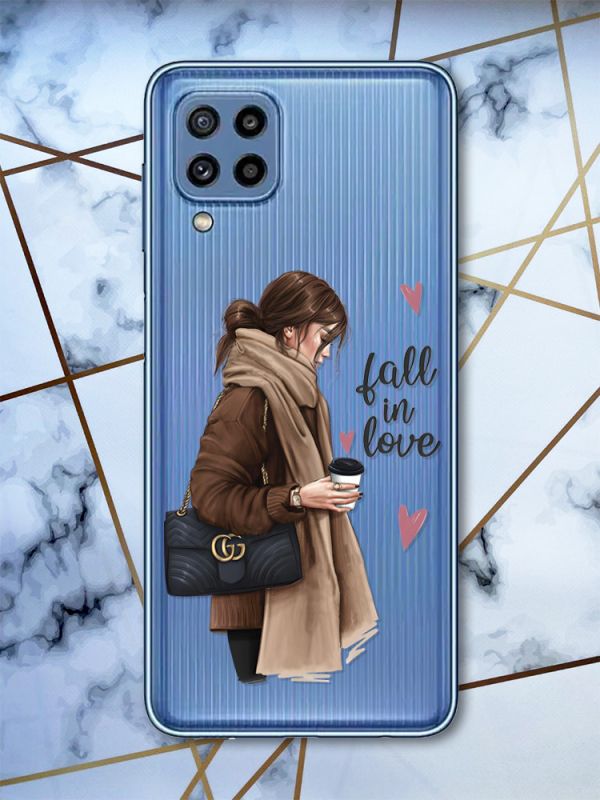Прозорий чохол Samsung Galaxy M32 / M22 / A22 4G Дівчина з кавою (принт 112)
