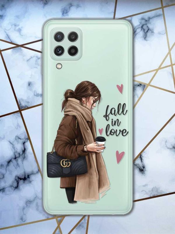 Прозорий чохол Samsung Galaxy M32 / M22 / A22 4G Дівчина з кавою (принт 112)
