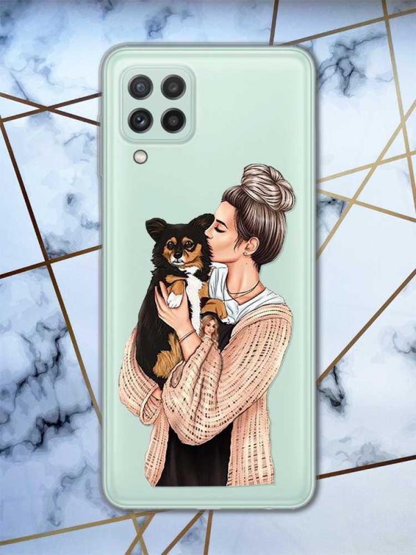 Прозорий чохол Samsung Galaxy M32 / M22 / A22 4G Дівчина з собачкою (принт 116)