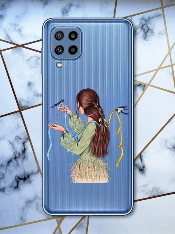 Прозорий чохол для Samsung Galaxy M32 / M22 / A22 4G Дівчина з ластівками (патріотичний принт 16)
