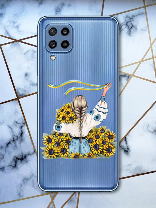 Прозорий чохол на Samsung Galaxy M32 / M22 / A22 4G Дівчина зі стрічкою (патріотичний принт 25)