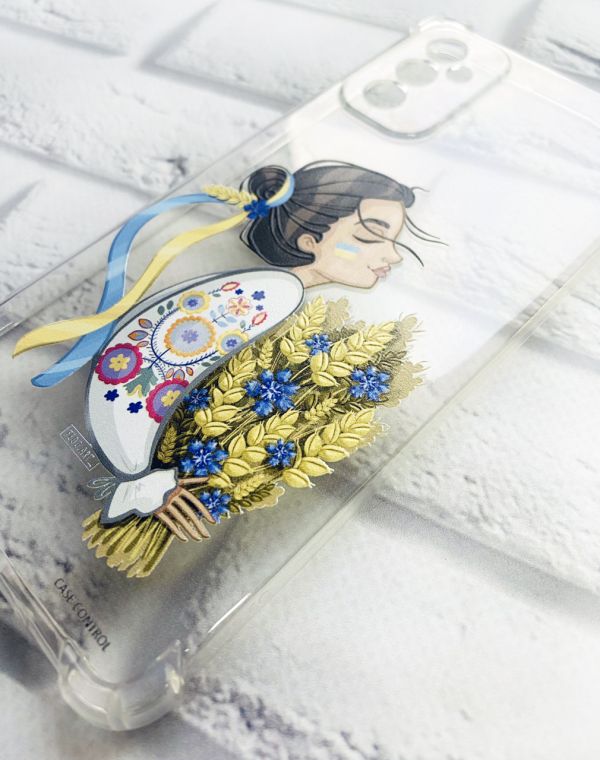 Прозорий чохол на Samsung Galaxy M52 патріотичний дизайн Українка з колосками принт 172