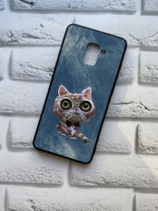 Силіконовий чохол із тканинною вишивкою для Samsung Galaxy A8 Plus 2018 A730 Кіт на синьому
