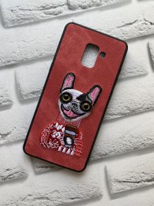 Силіконовий чохол із тканинною вишивкою для Samsung Galaxy A8 Plus 2018 A730 Собака з кавою