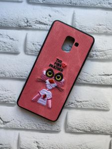 Силіконовий чохол із тканинною вишивкою для Samsung Galaxy A8 Plus 2018 A730 Пантера рожева