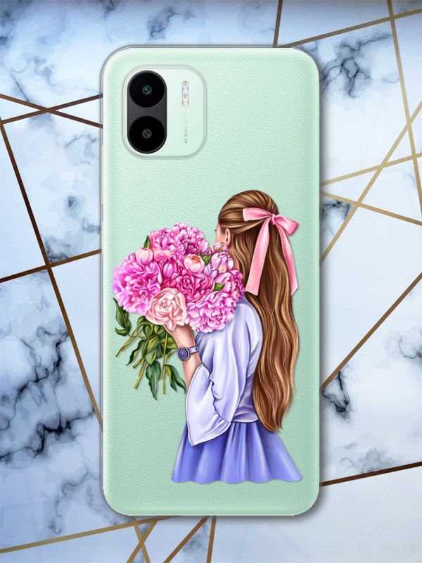 Прозорий чохол на Xiaomi Redmi A1 Дівчина з півоніями (принт 11)