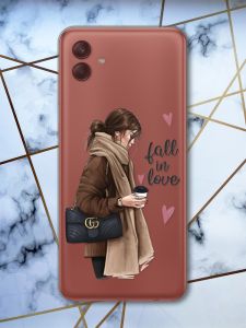 Прозорий чохол на Samsung Galaxy A04 Дівчина з кавою (принт 112)