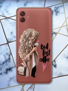 Прозорий чохол на Samsung Galaxy A04 Дівчина з кавою (принт 114)