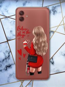 Прозорий чохол на Samsung Galaxy A04 Дівчина з кавою. Вірю в диво (принт 137)