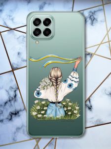 Прозорий чохол на Samsung Galaxy M33 5G Дівчина зі стрічкою (патріотичний принт 17)