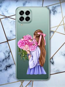 Прозорий чохол на Samsung Galaxy M33 5G Дівчина з півоніями (принт 11)