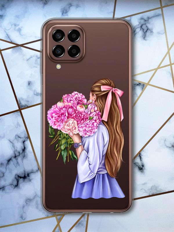 Прозорий чохол на Samsung Galaxy M33 5G Дівчина з півоніями (принт 11)