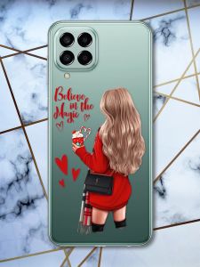 Прозорий чохол на Samsung Galaxy M33 5G Дівчина з кавою. Вірю в диво (принт 137)
