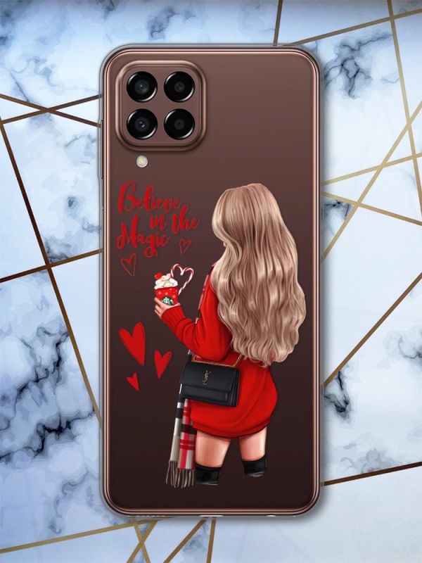 Прозорий чохол на Samsung Galaxy M33 5G Дівчина з кавою. Вірю в диво (принт 137)