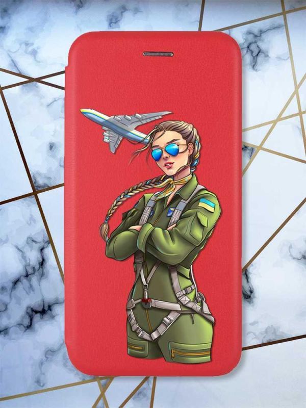 Чохол-книжка з малюнком для Xiaomi Redmi Note 8 Pro Червоний; Дівчина-пілот (патріотичний принт 6)