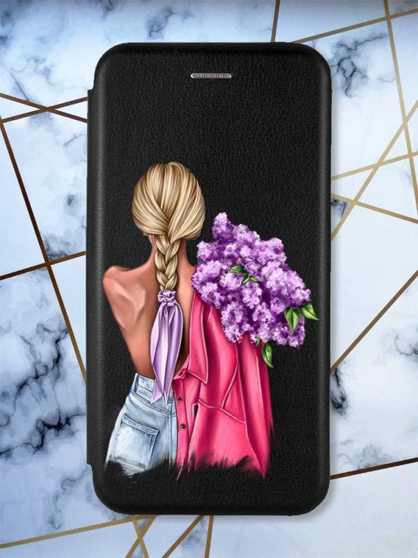 Чохол-книжка з малюнком для Samsung Galaxy J2 Pro (2018) J250 Чорний; Дівчина з бузком (принт 7)