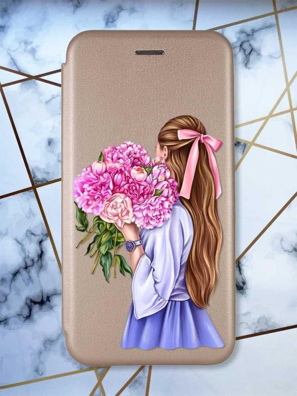 Чохол-книжка з малюнком для Samsung Galaxy А50 (2019) А505/A30s Золотий :: Дівчина з півоніями (принт 11)