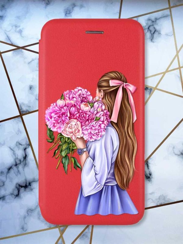 Чохол-книжка з малюнком для Xiaomi Redmi Note 8 Pro Червоний :: Дівчина з півоніями (принт 11)
