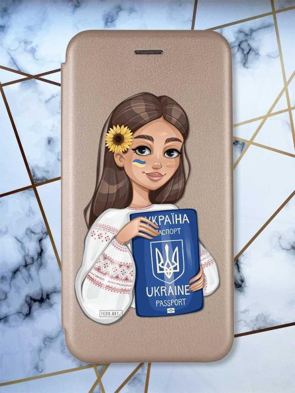 Чохол-книжка з малюнком для Samsung Galaxy A32 Золотий; Дівчина з паспортом (патріотичний принт 12)