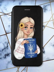 Чохол-книжка з малюнком для Samsung Galaxy А11 Чорний; Дівчина з паспортом (патріотичний принт 13)