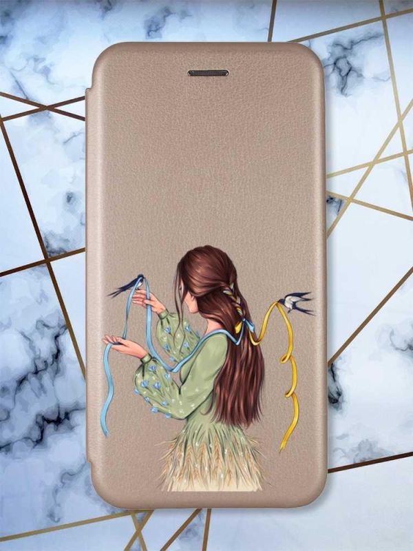 Чохол-книжка з малюнком для Samsung Galaxy A51 (A515) Золотий; Дівчина з ластівками (принт 16)