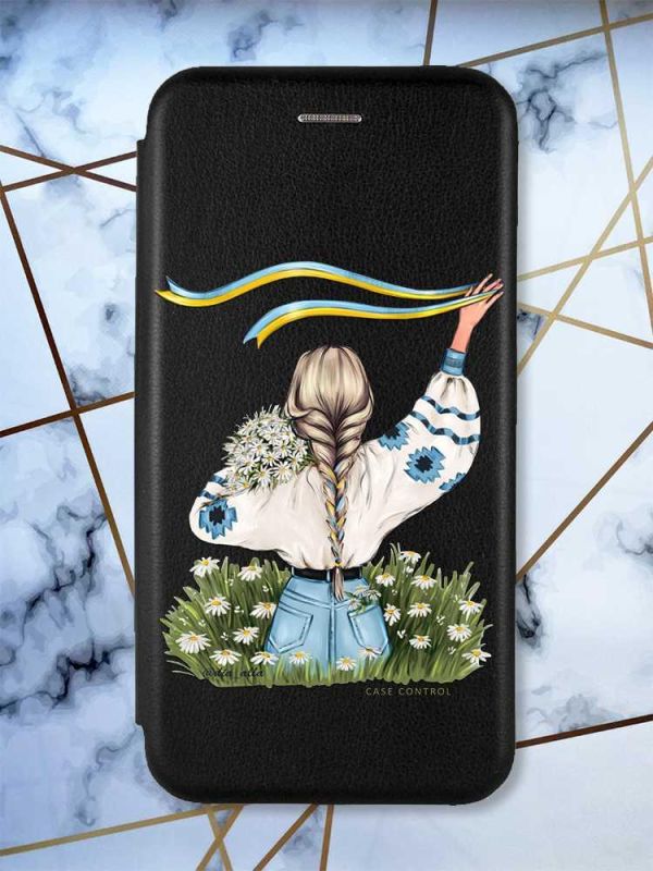 Чохол-книжка з малюнком для Samsung Galaxy A11 Чорний; Дівчина зі стрічкою (патріотичний принт 17)