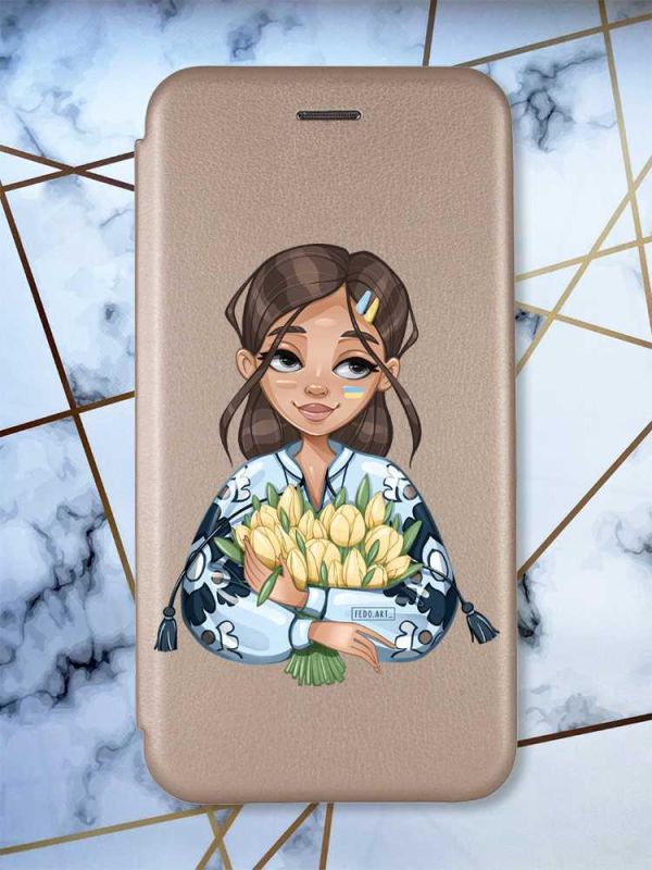 Чохол-книжка з малюнком для Samsung Galaxy A31 Золотистий; Дівчина з тюльпанами (патріотичний принт 22)