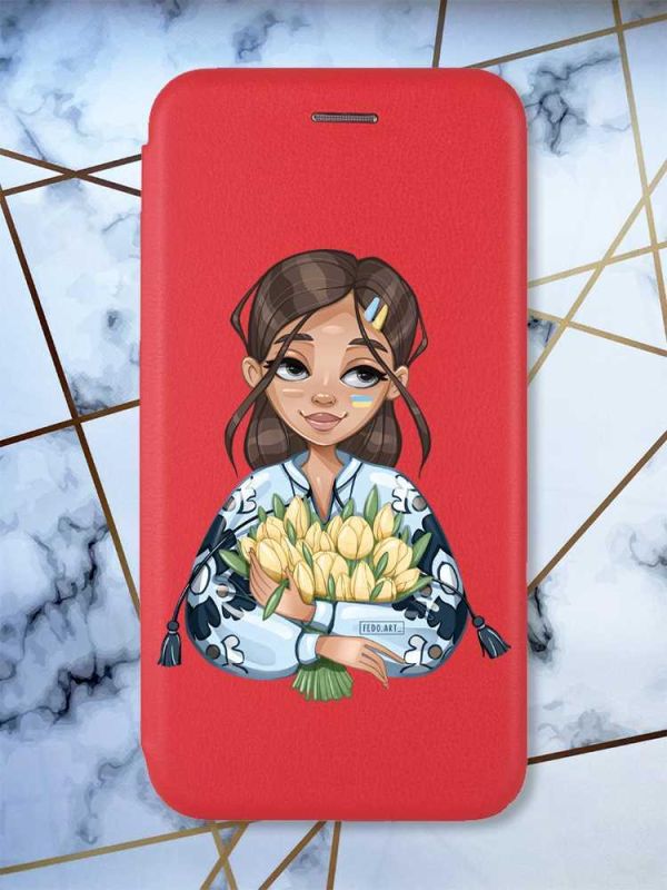 Чохол-книжка з малюнком для Samsung Galaxy A31 Червоний; Дівчина з тюльпанами (патріотичний принт 22)