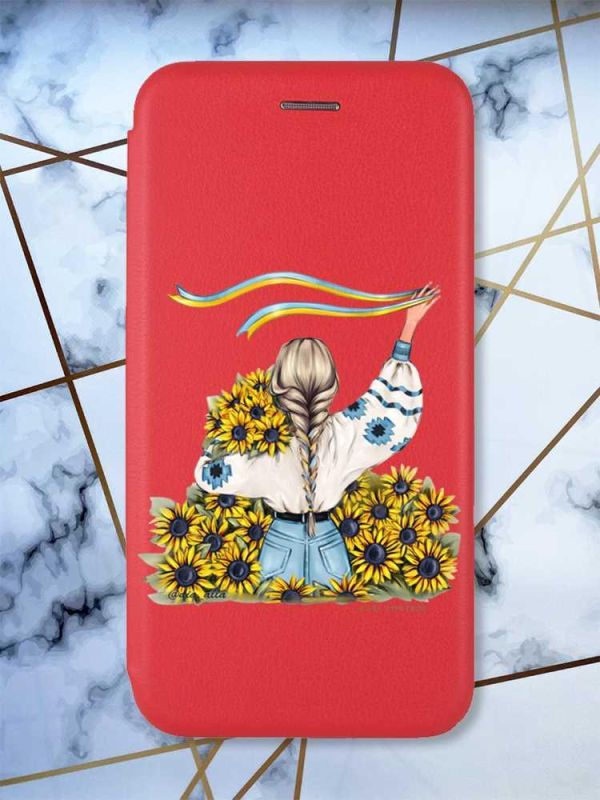 Чохол-книжка з малюнком для Xiaomi Redmi Note 8 Pro Червоний; Дівчина зі стрічкою (патріотичний принт 25)