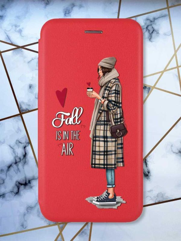 Чохол-книжка з малюнком для Xiaomi Redmi 9 Червоний;  Дівчина з кавою (принт 59)
