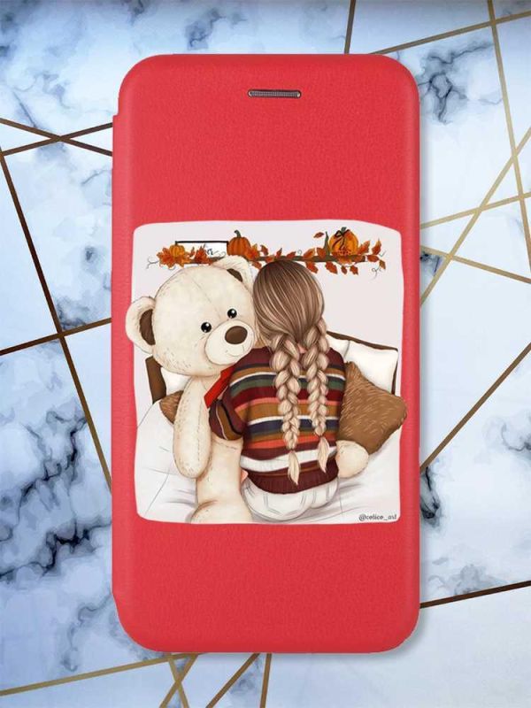 Чохол-книжка з малюнком для Xiaomi Redmi 9 Червоний;  Дівчинка з ведмедиком (принт 117)