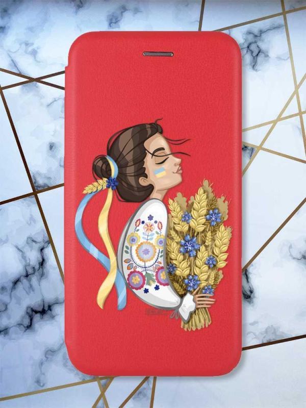 Чохол-книжка з малюнком для Xiaomi Redmi 9 Червоний;  Українка з колосками (принт 172)