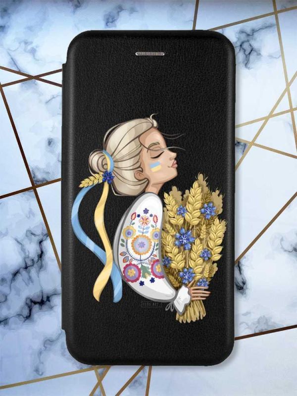 Чохол-книжка з малюнком для Samsung Galaxy A32 5G Чорний; Українка з колосками (принт 173)