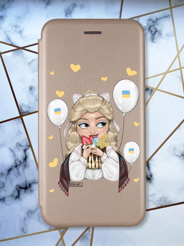 Чохол-книжка з малюнком для Xiaomi Redmi 9 Золотистий; Українка з солодощами (принт 175)