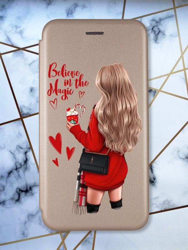 Чохол-книжка з малюнком для Xiaomi Redmi 9 Золотистий; Дівчина з кавою (принт 137)
