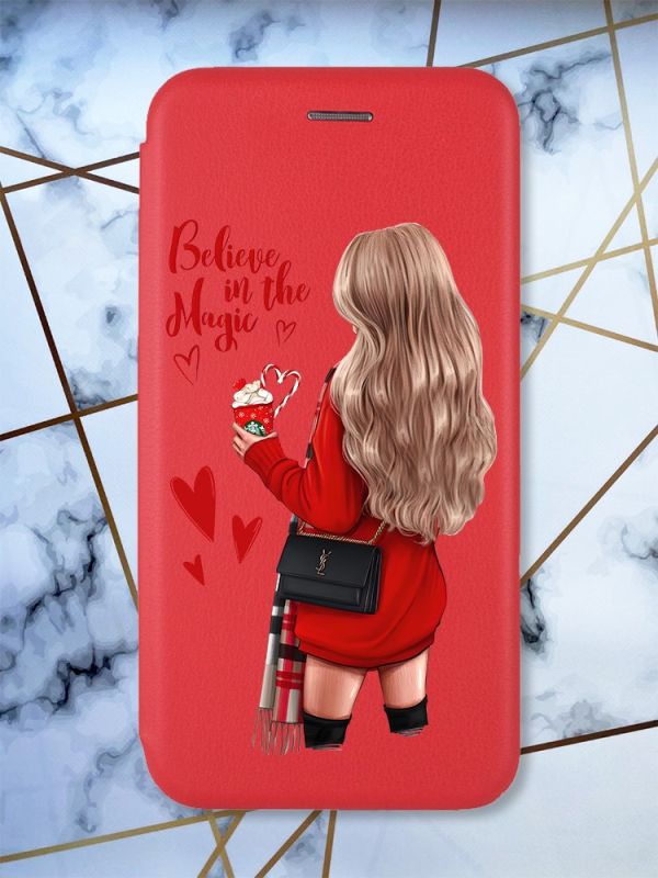 Чохол-книжка з малюнком для Xiaomi Redmi 9 Червоний;  Дівчина з кавою (принт 137)