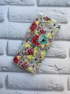 Силіконовий прозорий чохол з камінням Meizu M5c :: Червоні і зелені піони